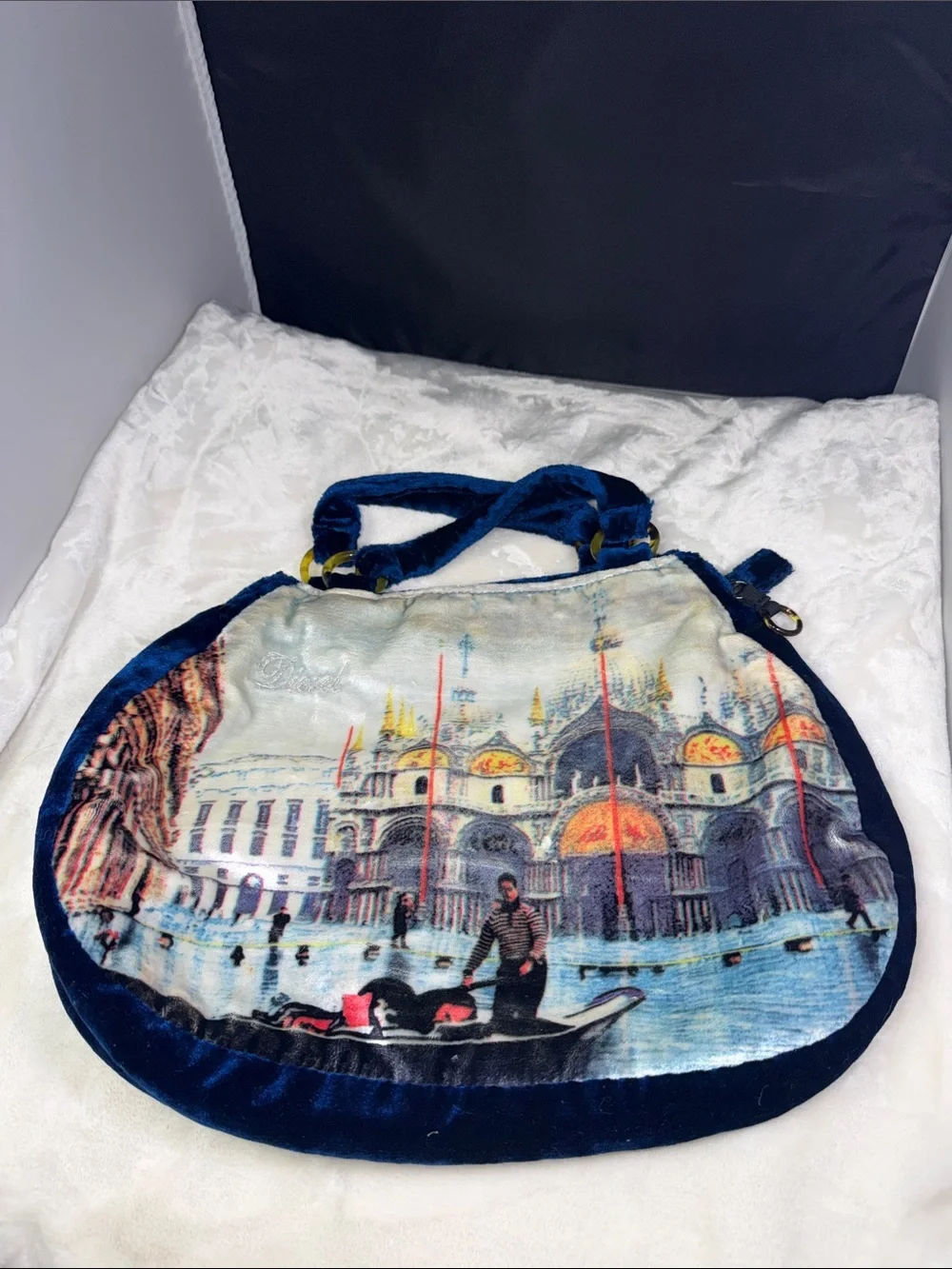 Vintage Diesel Blue Velvet Venice Gondola Print Hobo Handbag Y2K Shoulder Bag